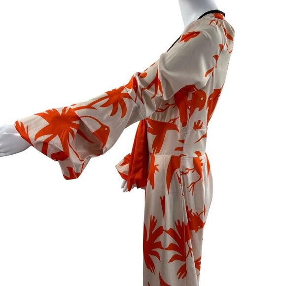 OC Order Womens S Poet Sleeve Bird Print Jumpsuit Deep Neck Wide Leg Resort Wear - Picture 7 of 16